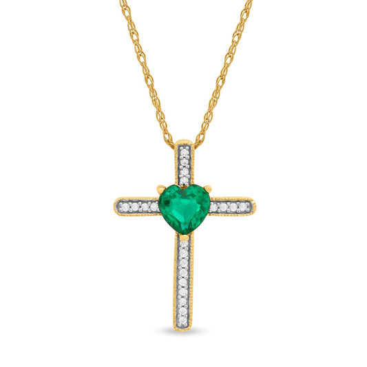 5.0mm Heart-Shaped Emerald and 0.05 CT. T.W. Natural Diamond Antique Vintage-Style Cross Pendant in 10K Yellow Gold