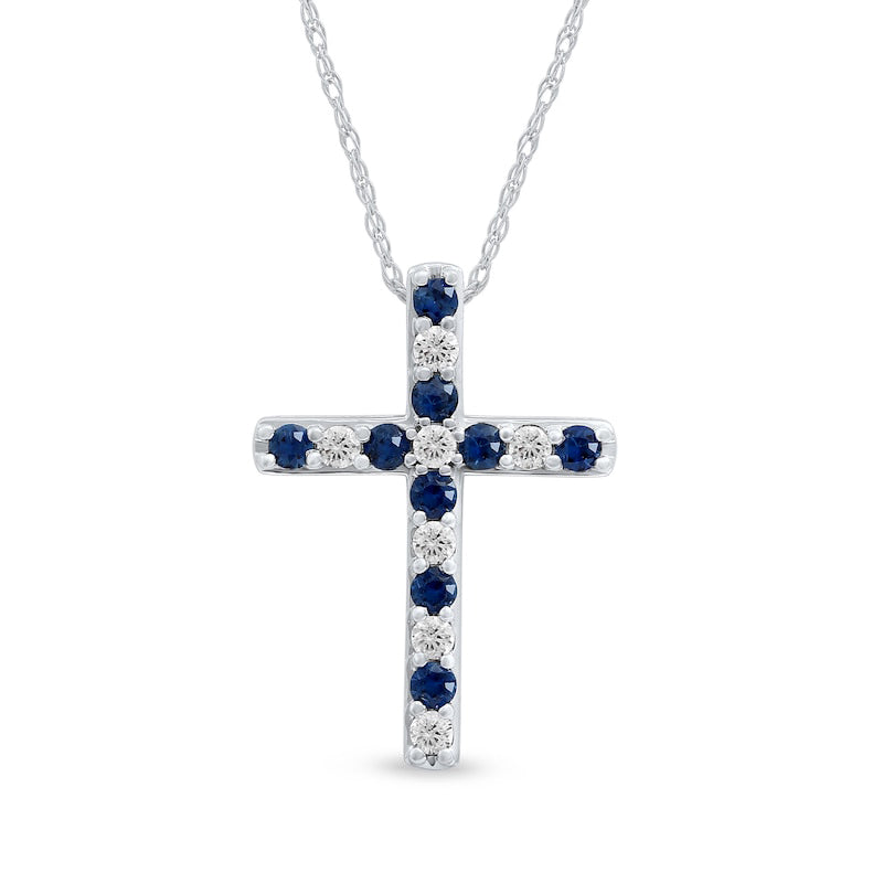 Blue Sapphire and 0.2 CT. T.W. Natural Diamond Alternating Cross Pendant in 10K White Gold