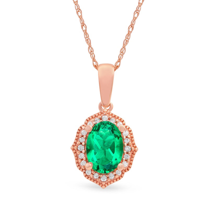 Oval Emerald and 0.05 CT. T.W. Natural Diamond Quatrefoil Frame Antique Vintage-Style Pendant in 10K Rose Gold