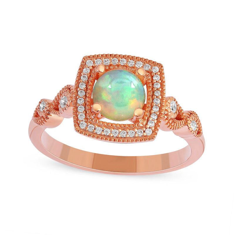 6.0mm Opal and 0.13 CT. T.W. Natural Diamond Open Cushion Frame Antique Vintage-Style Ring in Solid 10K Rose Gold