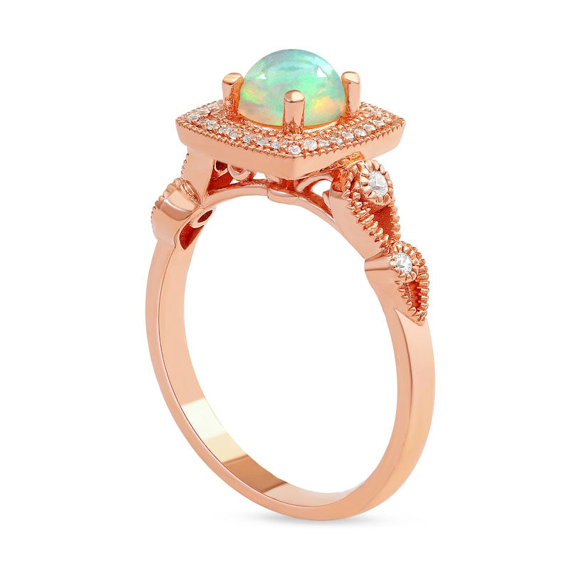 6.0mm Opal and 0.13 CT. T.W. Natural Diamond Open Cushion Frame Antique Vintage-Style Ring in Solid 10K Rose Gold