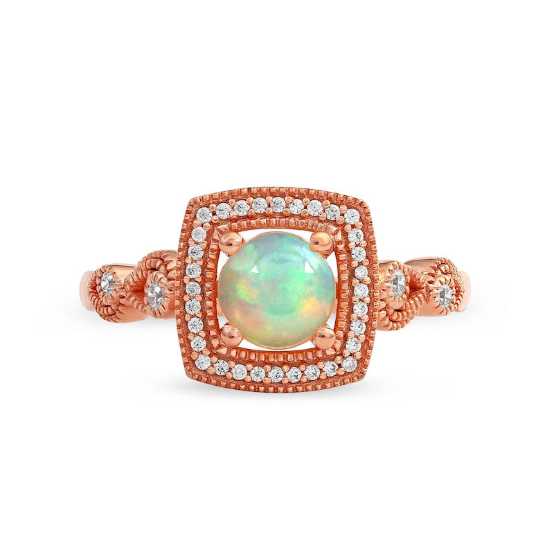 6.0mm Opal and 0.13 CT. T.W. Natural Diamond Open Cushion Frame Antique Vintage-Style Ring in Solid 10K Rose Gold