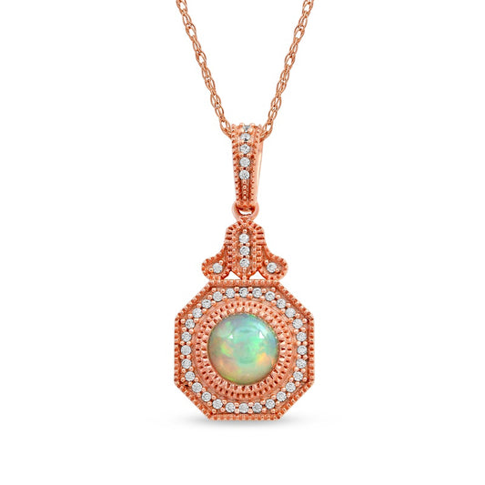 6.0mm Opal and 0.13 CT. T.W. Natural Diamond Octagonal Frame Antique Vintage-Style Pendant in 10K Rose Gold