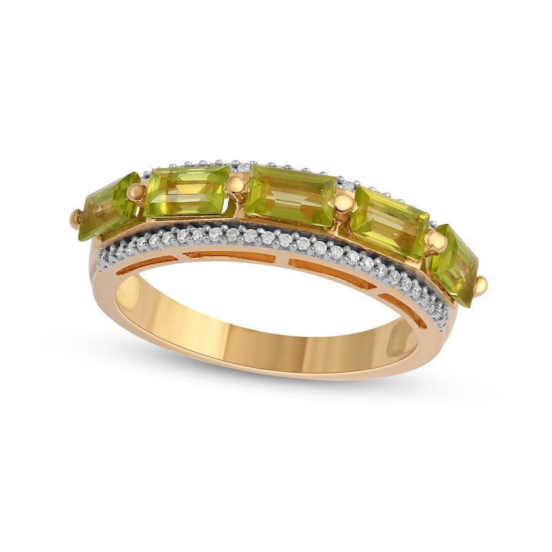 Sideways Baguette Peridot and 0.17 CT. T.W. Natural Diamond Border Five Stone Ring in Solid 10K Yellow Gold