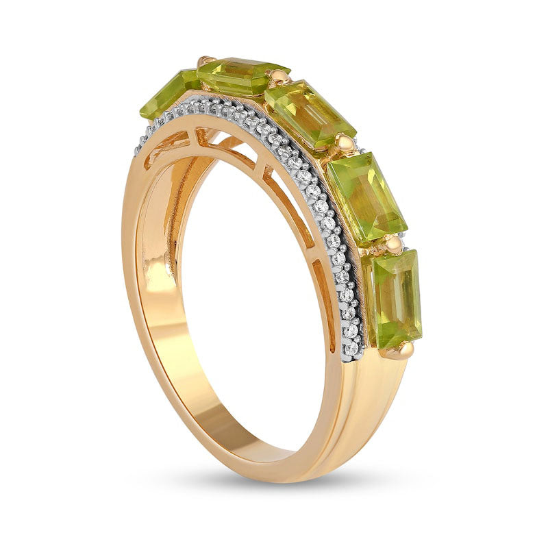 Sideways Baguette Peridot and 0.17 CT. T.W. Natural Diamond Border Five Stone Ring in Solid 10K Yellow Gold