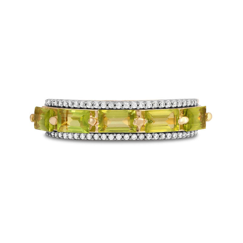 Sideways Baguette Peridot and 0.17 CT. T.W. Natural Diamond Border Five Stone Ring in Solid 10K Yellow Gold