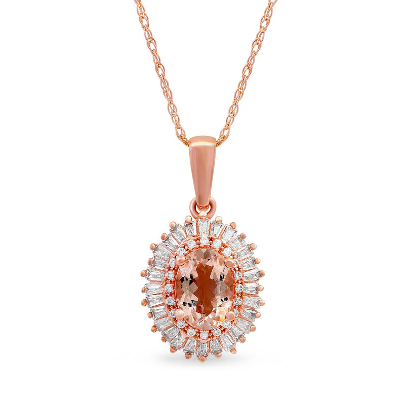 Oval Morganite and 0.25 CT. T.W. Natural Diamond Starburst Double Frame Pendant in 10K Rose Gold