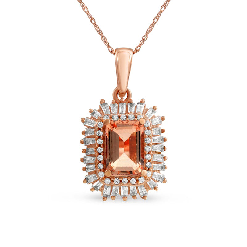 Emerald-Cut Morganite and 0.25 CT. T.W. Natural Diamond Starburst Double Frame Pendant in 10K Rose Gold