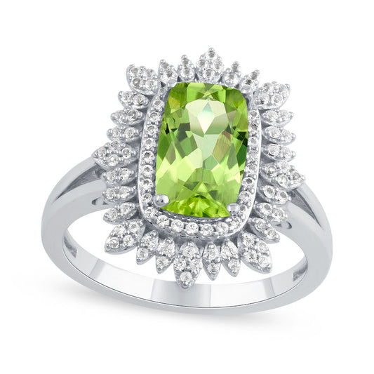 Cushion-Cut Peridot and White Topaz Floral Frame Split Shank Ring in Solid 10K White Gold