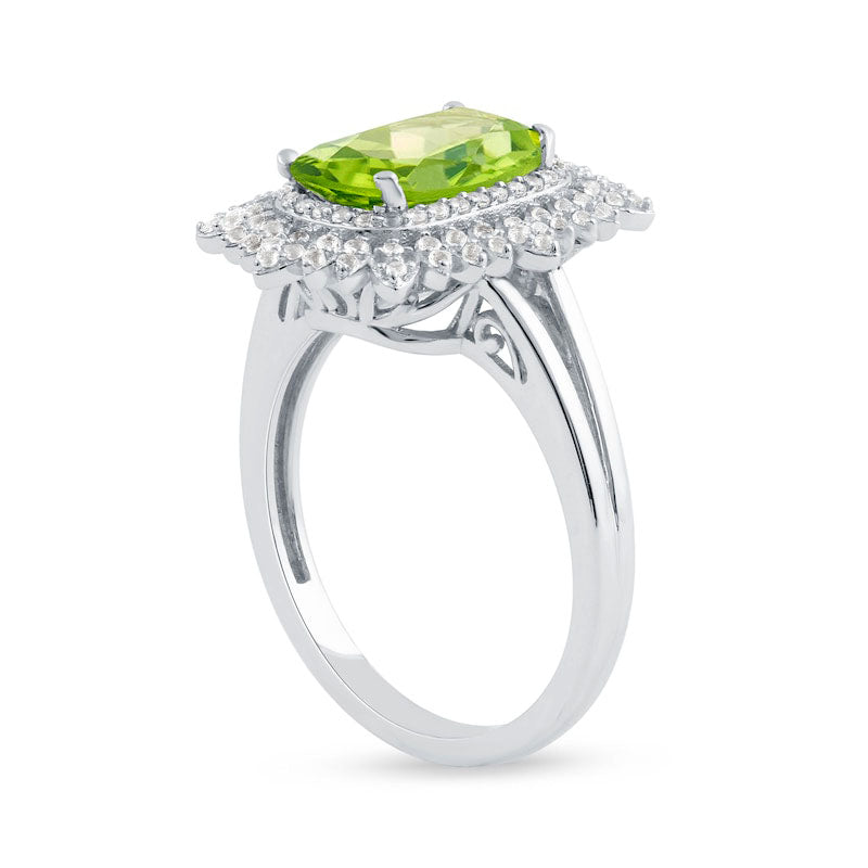 Cushion-Cut Peridot and White Topaz Floral Frame Split Shank Ring in Solid 10K White Gold