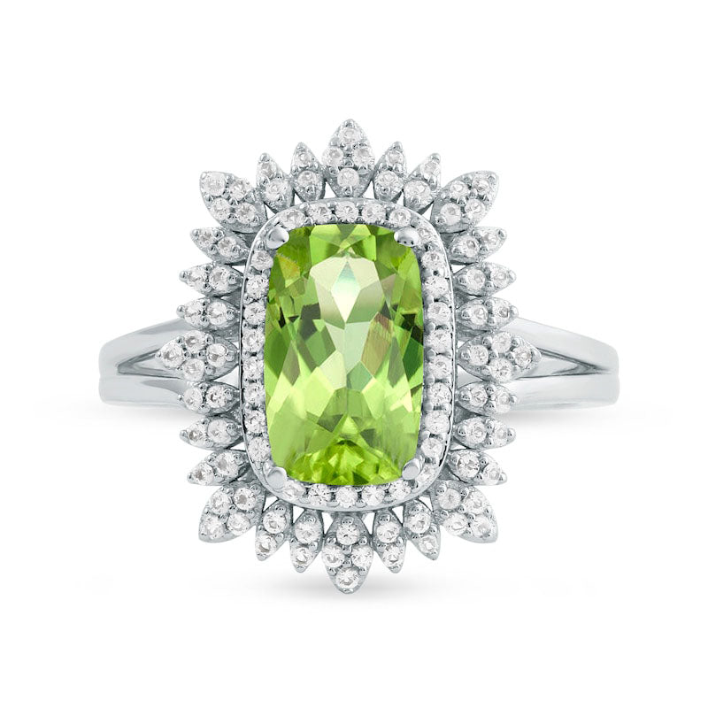 Cushion-Cut Peridot and White Topaz Floral Frame Split Shank Ring in Solid 10K White Gold