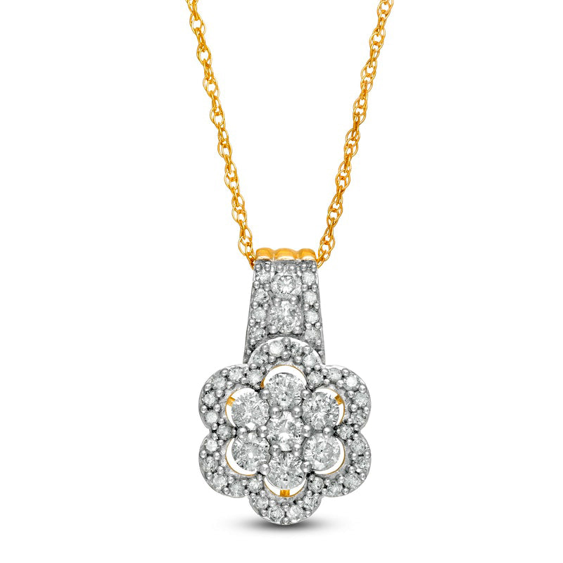 1 CT. T.W. Composite Natural Diamond Flower Frame Drop Pendant in 10K Yellow Gold