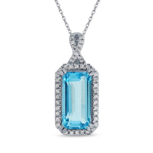 Emerald-Cut Swiss Blue Topaz and 0.17 CT. T.W. Natural Diamond Octagonal Frame Twist Pendant in 10K White Gold