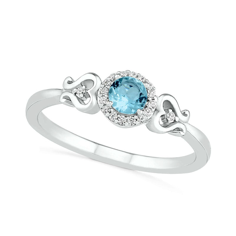 4.0mm Aquamarine and 0.05 CT. T.W. Natural Diamond Frame Filigree Heart-Sides Ring in Sterling Silver