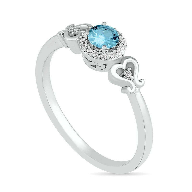 4.0mm Aquamarine and 0.05 CT. T.W. Natural Diamond Frame Filigree Heart-Sides Ring in Sterling Silver