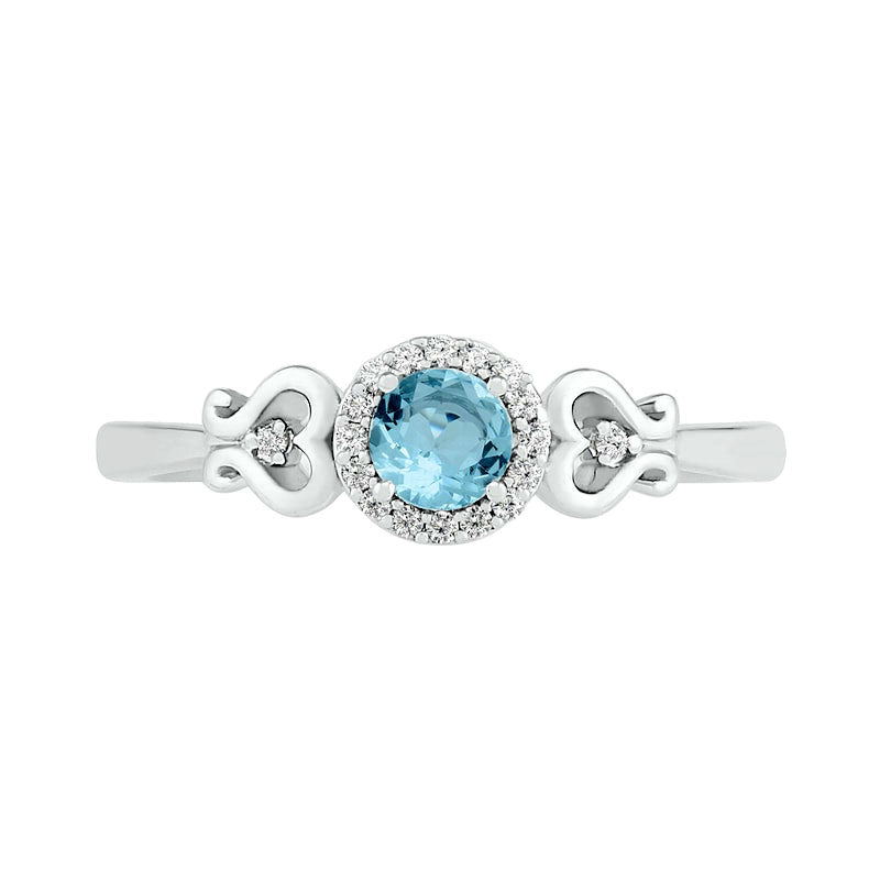 4.0mm Aquamarine and 0.05 CT. T.W. Natural Diamond Frame Filigree Heart-Sides Ring in Sterling Silver