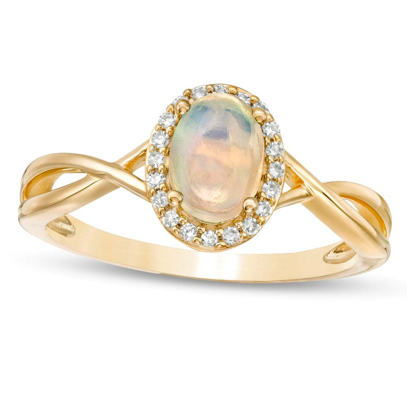 Oval Opal and 0.07 CT. T.W. Natural Diamond Frame Twist Shank Ring in Solid 10K Yellow Gold