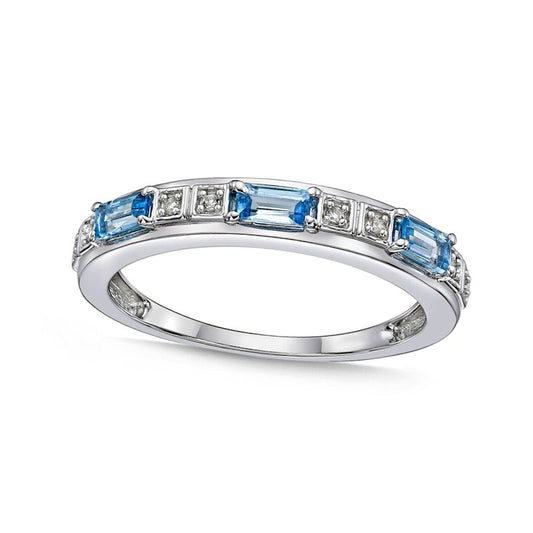 Baguette Swiss Blue and White Topaz Duo Alternating Three Stone Band in Sterling Silver