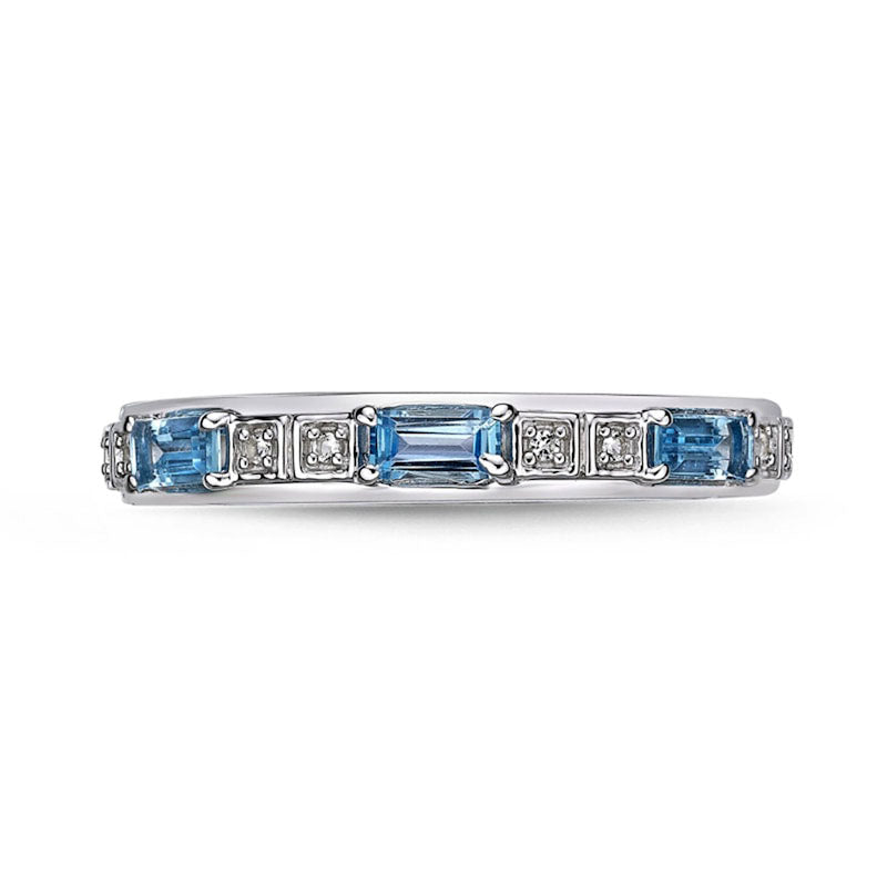 Baguette Swiss Blue and White Topaz Duo Alternating Three Stone Band in Sterling Silver