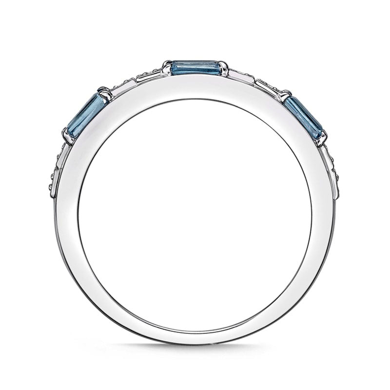 Baguette Swiss Blue and White Topaz Duo Alternating Three Stone Band in Sterling Silver