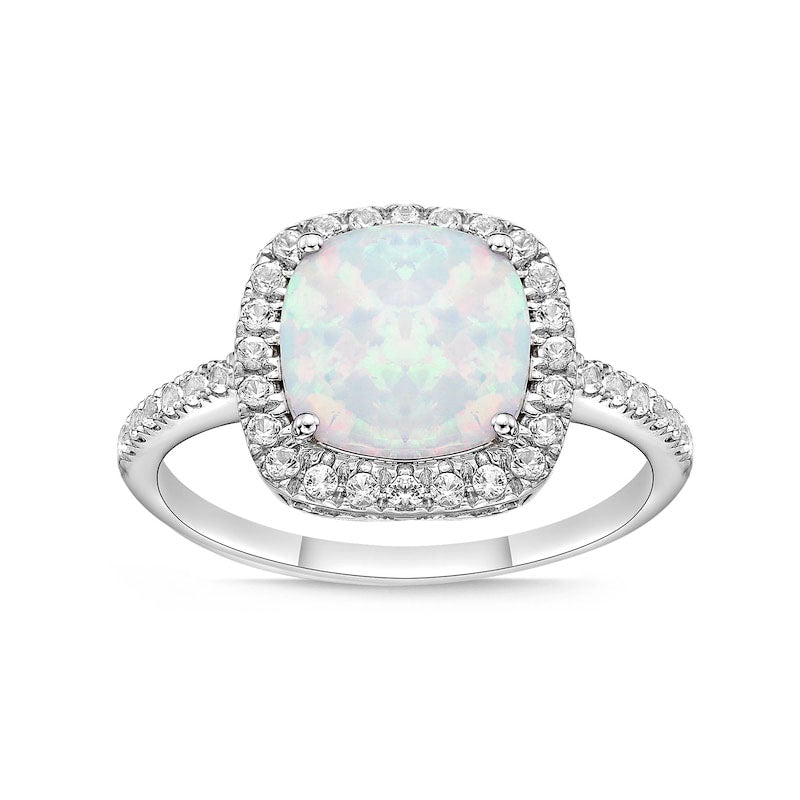 9.0mm Cushion-Cut Lab-Created Opal and White Sapphire Frame Ring in Sterling Silver