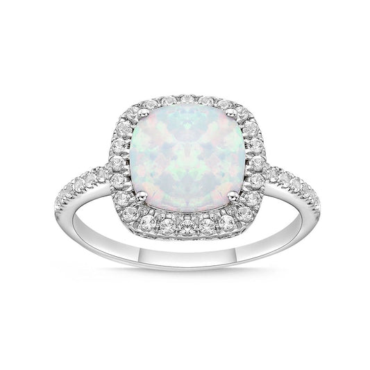 9.0mm Cushion-Cut Lab-Created Opal and White Sapphire Frame Ring in Sterling Silver