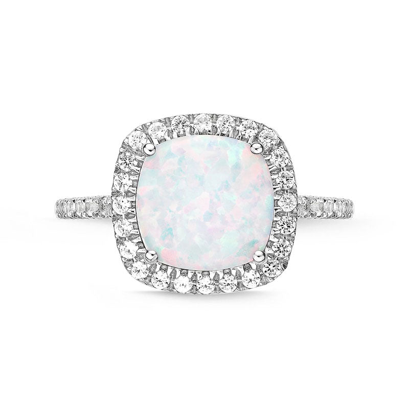 9.0mm Cushion-Cut Lab-Created Opal and White Sapphire Frame Ring in Sterling Silver