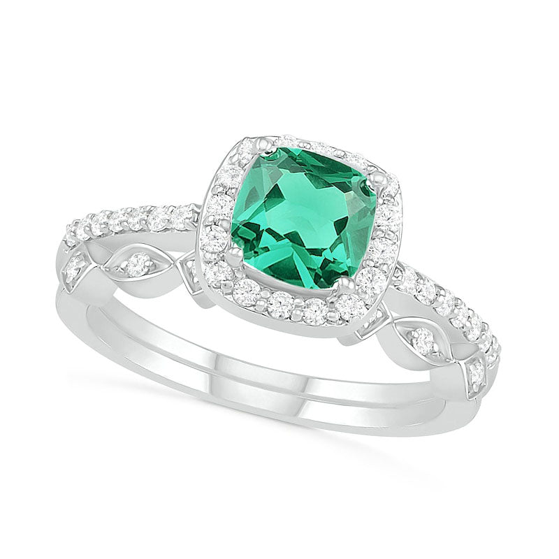 6.0mm Cushion-Cut Lab-Created Emerald and 0.25 CT. T.W. Diamond Frame Art Deco Bridal Engagement Ring Set in Solid 10K White Gold