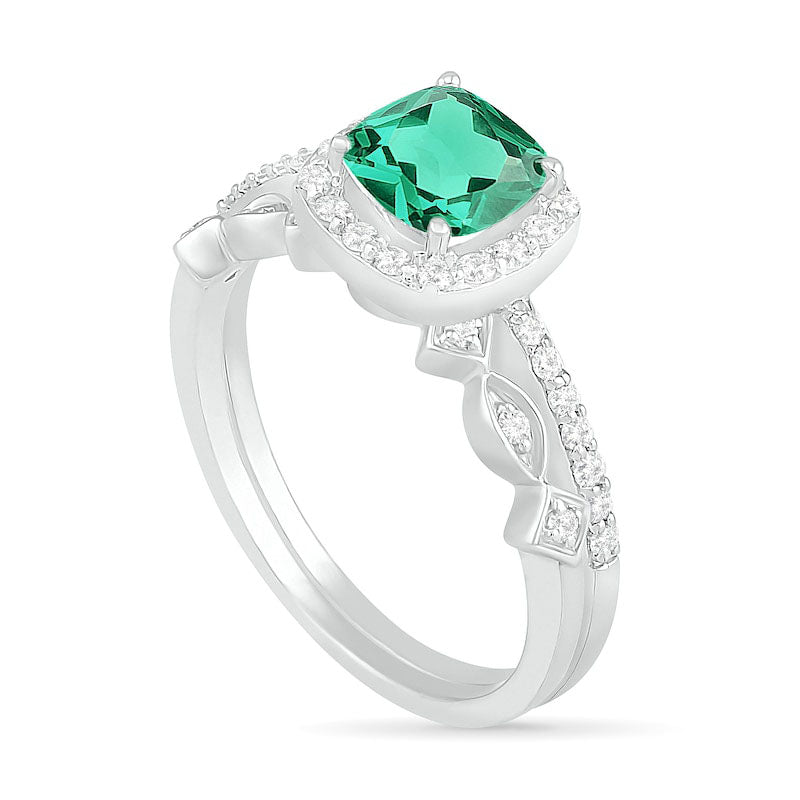 6.0mm Cushion-Cut Lab-Created Emerald and 0.25 CT. T.W. Diamond Frame Art Deco Bridal Engagement Ring Set in Solid 10K White Gold