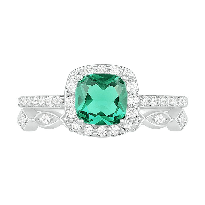 6.0mm Cushion-Cut Lab-Created Emerald and 0.25 CT. T.W. Diamond Frame Art Deco Bridal Engagement Ring Set in Solid 10K White Gold