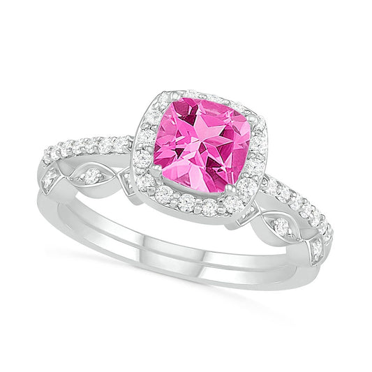 6.0mm Cushion-Cut Lab-Created Pink Sapphire and 0.25 CT. T.W. Diamond Frame Art Deco Bridal Engagement Ring Set in Solid 10K White Gold