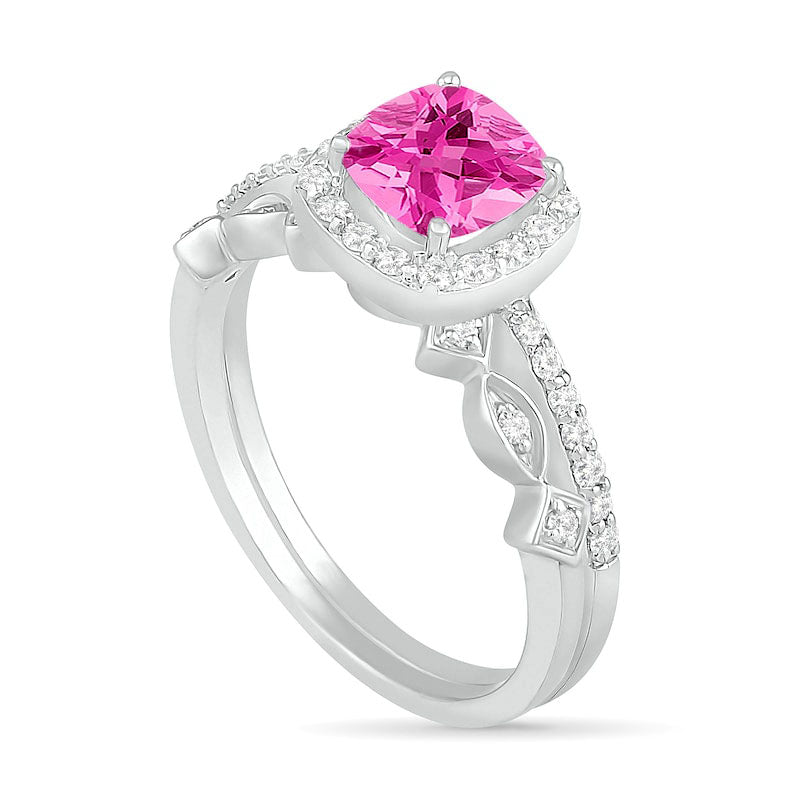 6.0mm Cushion-Cut Lab-Created Pink Sapphire and 0.25 CT. T.W. Diamond Frame Art Deco Bridal Engagement Ring Set in Solid 10K White Gold