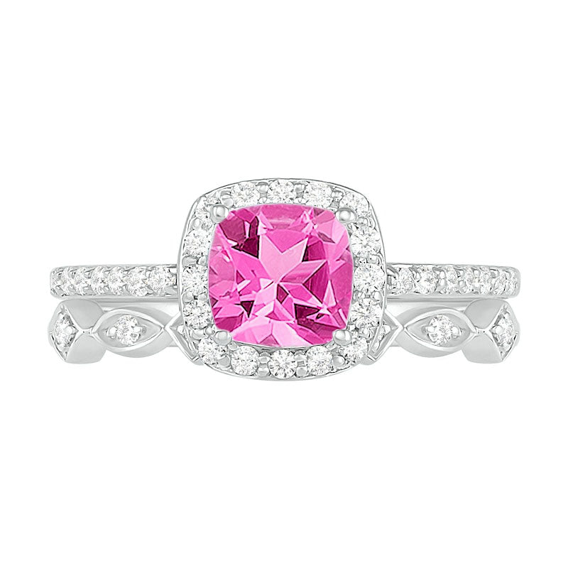 6.0mm Cushion-Cut Lab-Created Pink Sapphire and 0.25 CT. T.W. Diamond Frame Art Deco Bridal Engagement Ring Set in Solid 10K White Gold