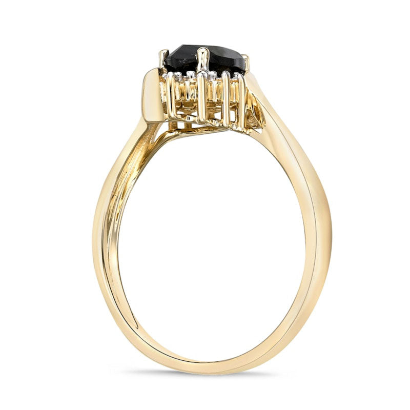 Marquise Black Onyx and Natural Diamond Accent Beaded Starburst Border Bypass Ring in Solid 10K Yellow Gold