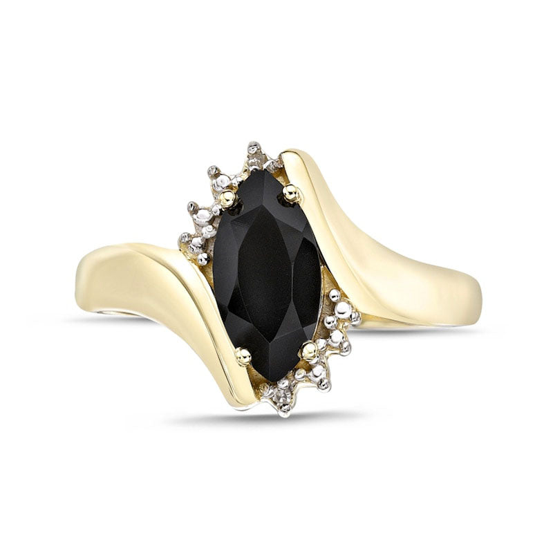 Marquise Black Onyx and Natural Diamond Accent Beaded Starburst Border Bypass Ring in Solid 10K Yellow Gold