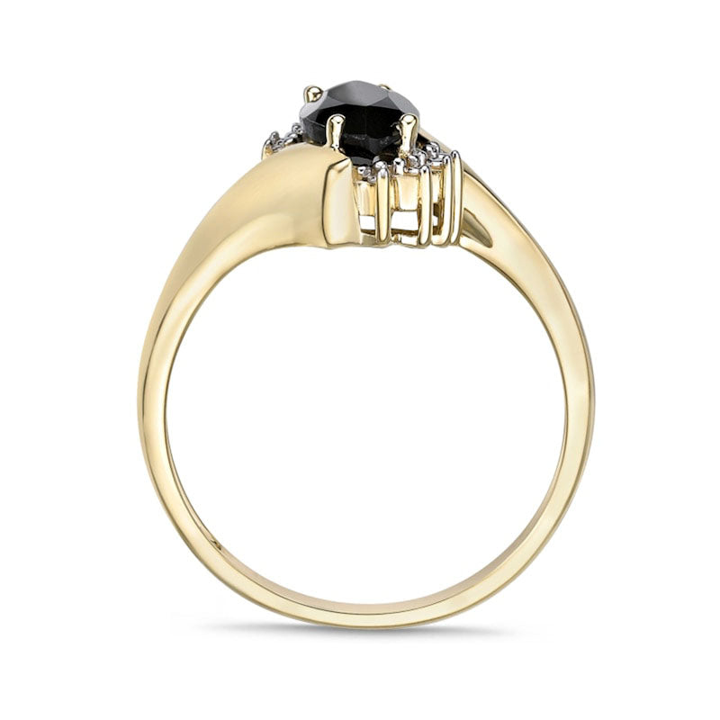 Marquise Black Onyx and Natural Diamond Accent Beaded Starburst Border Bypass Ring in Solid 10K Yellow Gold