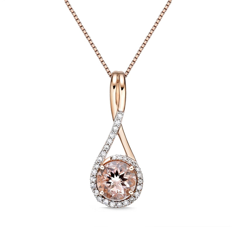 7.0mm Morganite and 0.17 CT. T.W. Natural Diamond Loop Frame Twisted Teardrop Pendant in 10K Rose Gold