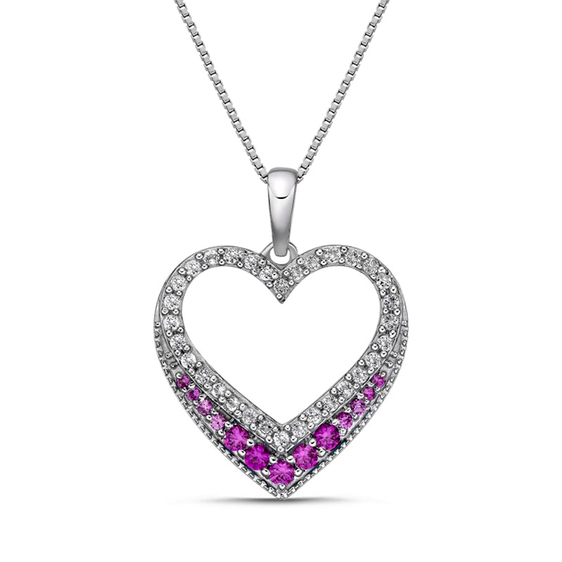 Lab-Created Pink and White Sapphire Graduated Antique Vintage-Style Heart Outline Pendant in Sterling Silver