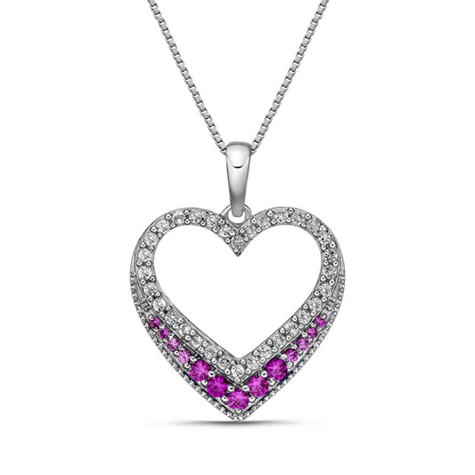 Lab-Created Pink and White Sapphire Graduated Antique Vintage-Style Heart Outline Pendant in Sterling Silver