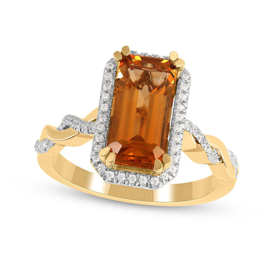 Emerald-Cut Citrine and 0.20 CT. T.W. Natural Diamond Octagonal Frame Twist Shank Ring in Solid 10K Yellow Gold