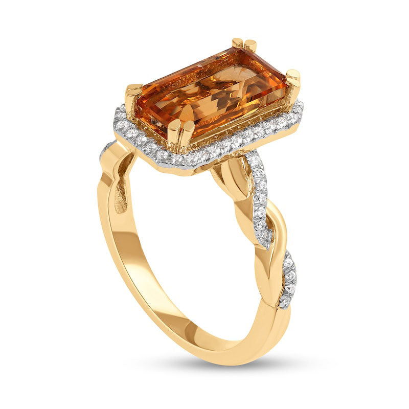 Emerald-Cut Citrine and 0.20 CT. T.W. Natural Diamond Octagonal Frame Twist Shank Ring in Solid 10K Yellow Gold