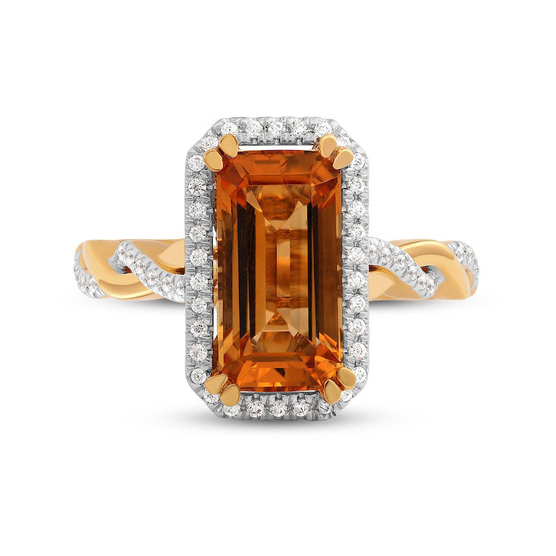 Emerald-Cut Citrine and 0.20 CT. T.W. Natural Diamond Octagonal Frame Twist Shank Ring in Solid 10K Yellow Gold