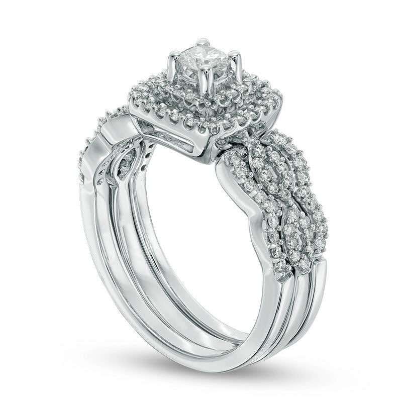 0.63 CT. T.W. Natural Diamond Double Frame Bridal Engagement Ring Set in Solid 10K White Gold