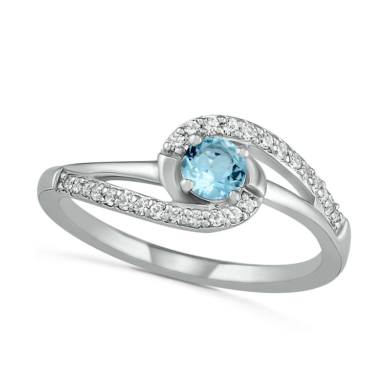 4.0mm Aquamarine and Lab-Created White Sapphire Bypass Swirl Frame Split Shank Ring in Sterling Silver