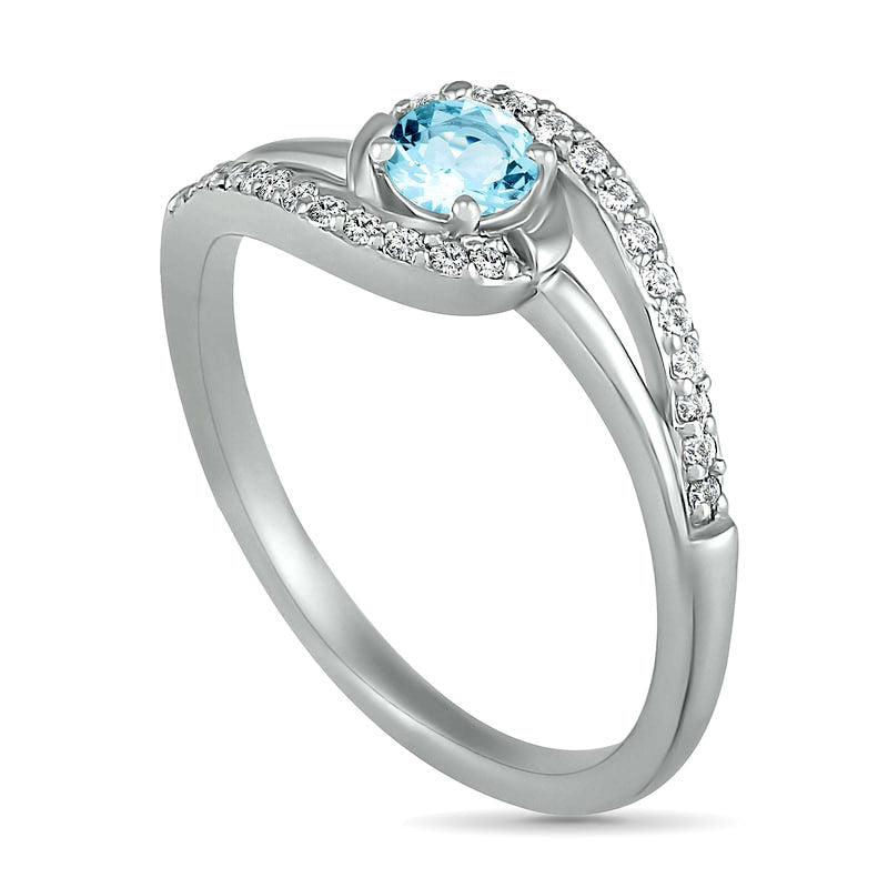 4.0mm Aquamarine and Lab-Created White Sapphire Bypass Swirl Frame Split Shank Ring in Sterling Silver