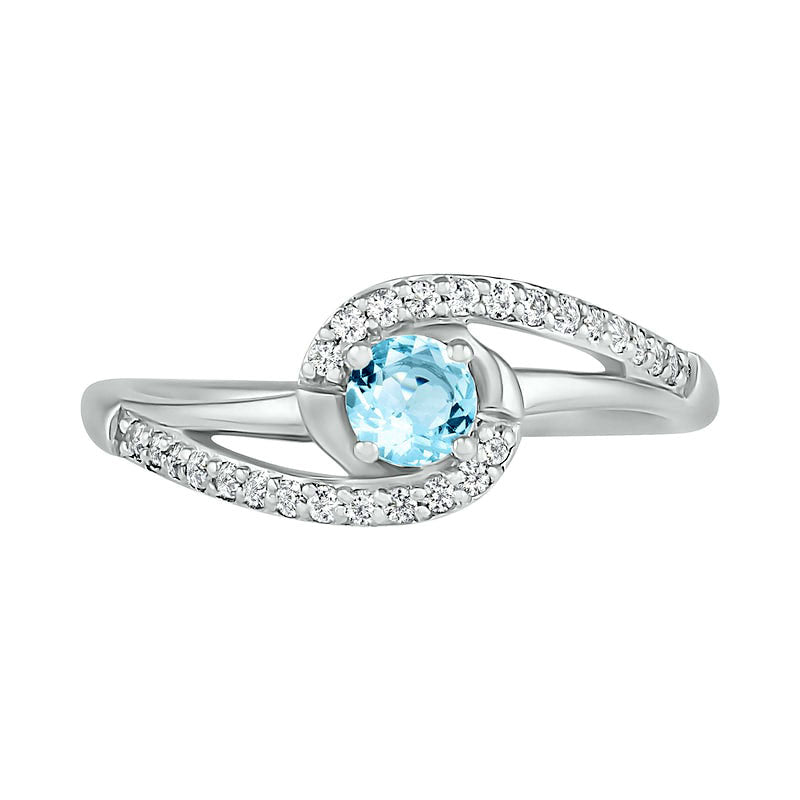 4.0mm Aquamarine and Lab-Created White Sapphire Bypass Swirl Frame Split Shank Ring in Sterling Silver