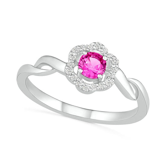 4.0mm Lab-Created Pink and White Sapphire Frame Twist Shank Flower Ring in Sterling Silver