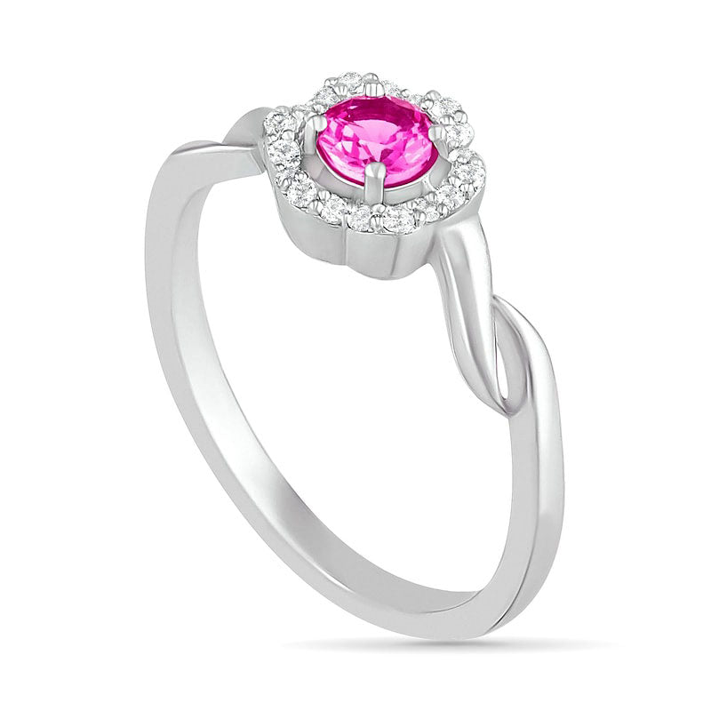 4.0mm Lab-Created Pink and White Sapphire Frame Twist Shank Flower Ring in Sterling Silver