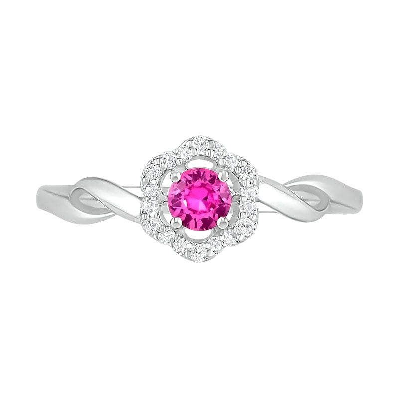 4.0mm Lab-Created Pink and White Sapphire Frame Twist Shank Flower Ring in Sterling Silver