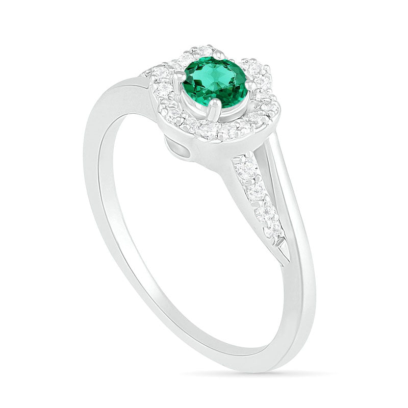 4.0mm Lab-Created Emerald and White Sapphire Frame Bypass Split Shank Flower Ring in Sterling Silver